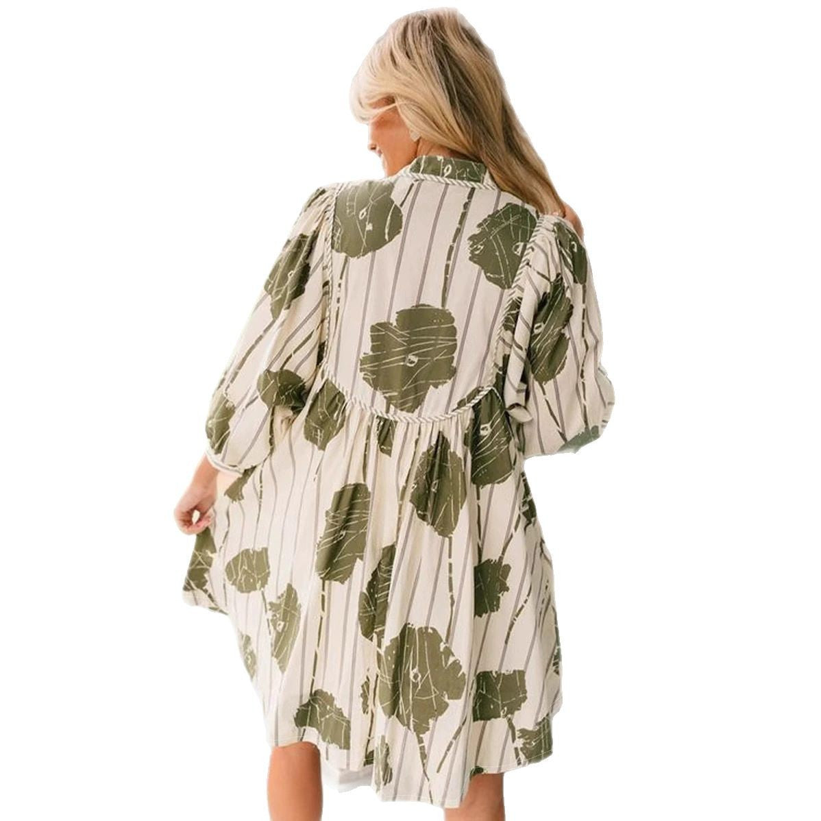Women’s Short Dress – Cotton Blend – Puff Sleeve – V-Neck – Cinched Waist – Floral Print