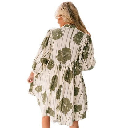 Women’s Short Dress – Cotton Blend – Puff Sleeve – V-Neck – Cinched Waist – Floral Print