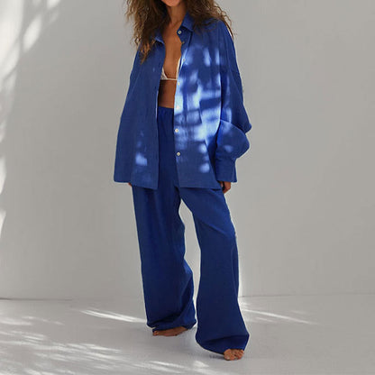 Women’s Two-Piece Set – Linen Blend – Oversized Fit – Button-Down Shirt & Wide-Leg Pants