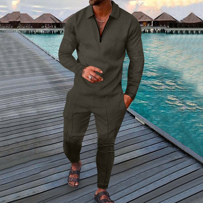 Men’s Sports Leisure Suit – Slim Fit – Long Sleeve Polo – Geometric Print