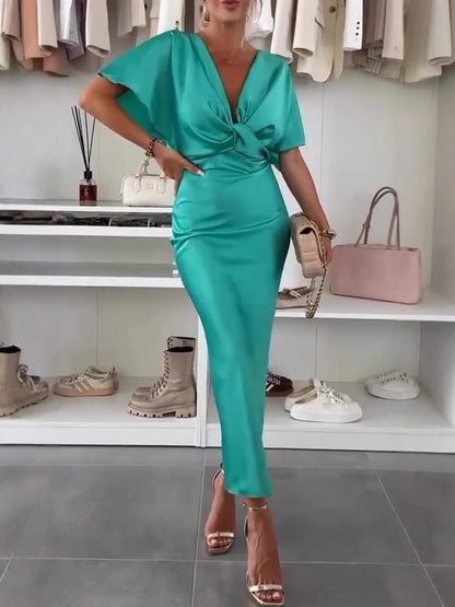 Women’s Maxi Dress - Satin - Draped Bodice With Form-Fitting Skirt - V-Neck - Dolman Sleeves