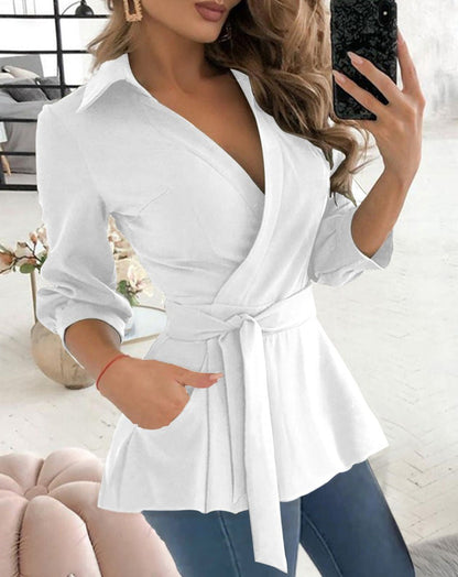 Women’s Blouse – V-Neck – Tie Waist – Long Sleeve – Fitted Wrap Front – Collared