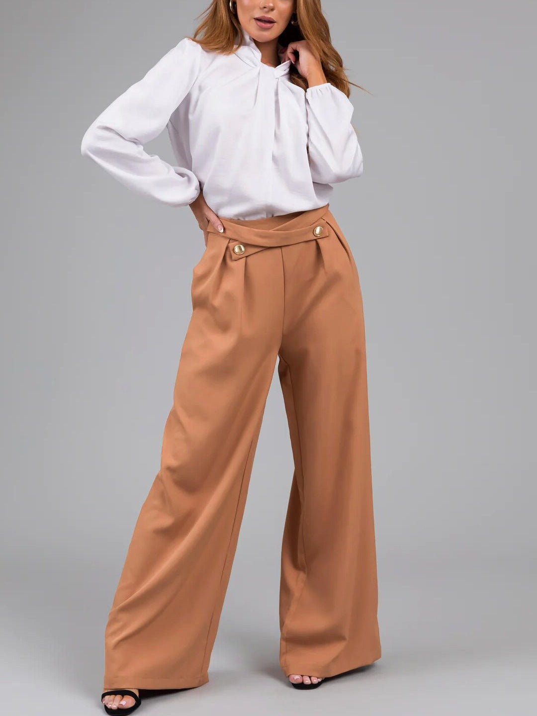 Women’s Wide-Leg Trousers – High Waist – Button Detail – Relaxed Fit – Full Length