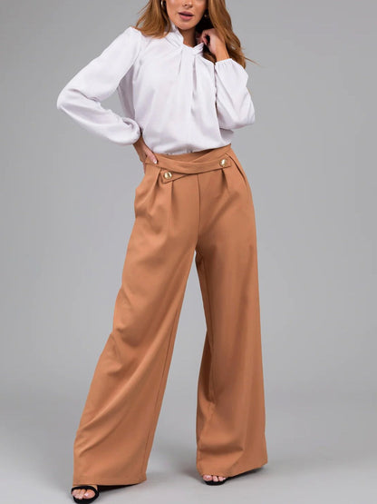 Women’s Wide-Leg Trousers – High Waist – Button Detail – Relaxed Fit – Full Length