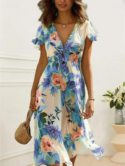 Women’s Midi Dress – Lightweight Chiffon – V-Neck – Ruffled Sleeves – Floral Print