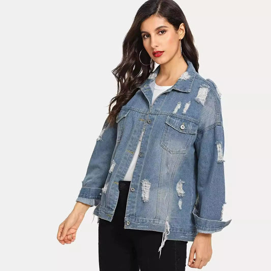 Women’s Denim Jacket – Loose Fit – Distressed Design – Button Front – Hip Length