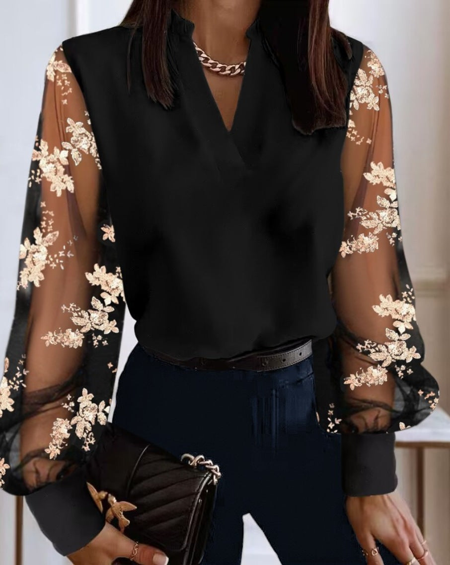 Women’s Lace Shirt – Relaxed Fit – V-Neck – Sheer Floral Long Sleeves