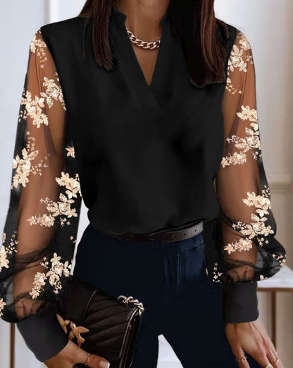 Women’s Lace Shirt – Relaxed Fit – V-Neck – Sheer Floral Long Sleeves