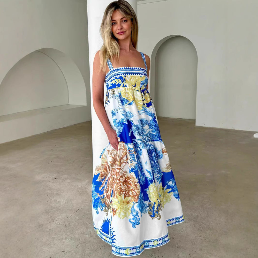 Women’s Sundress – Lightweight Cotton Blend – A-Line Fit – Tiered Printed Maxi Dress