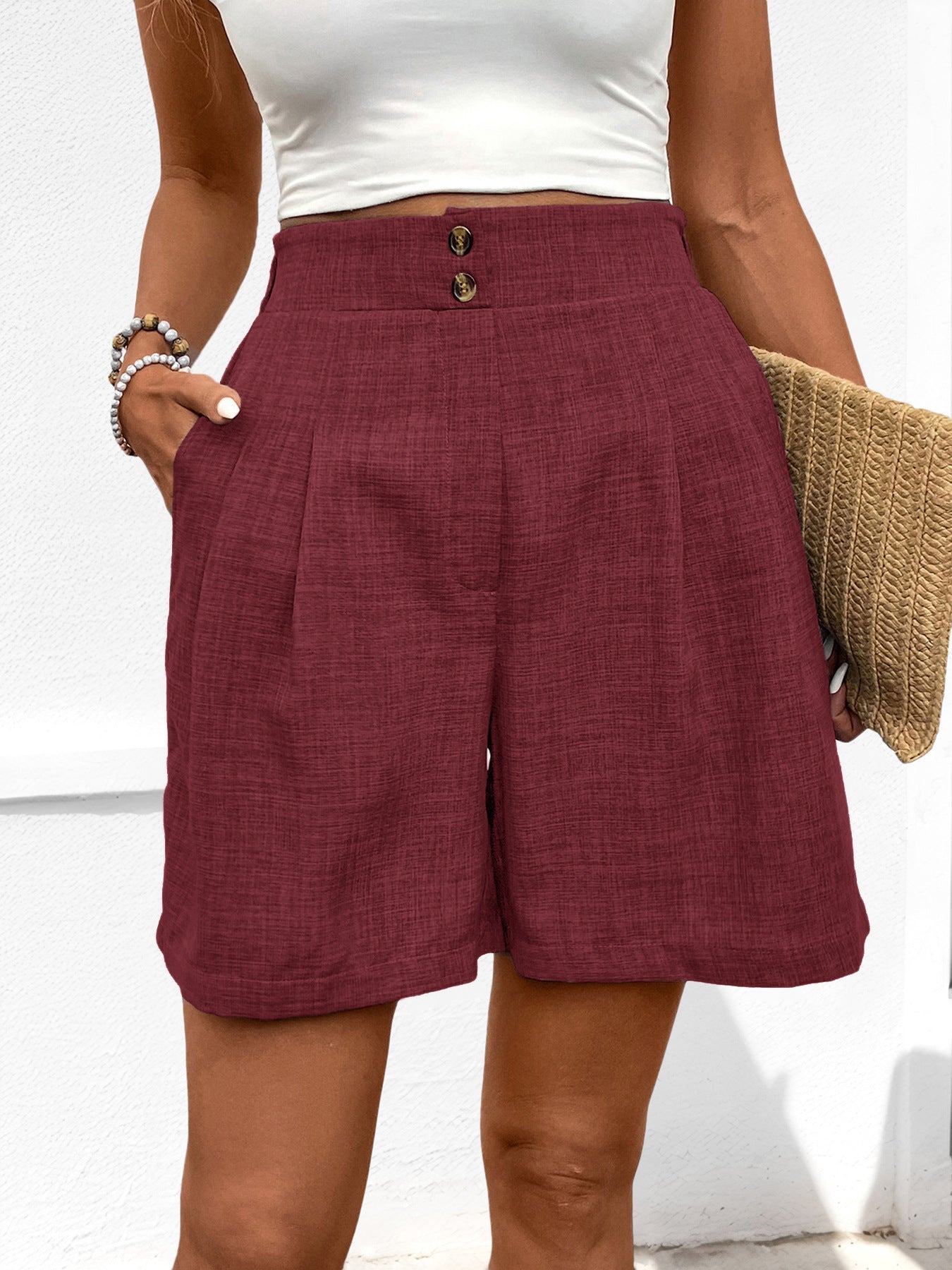 Women’s High-Waisted Shorts – Linen Blend – Pleated Front – Wide Leg – Side Pockets