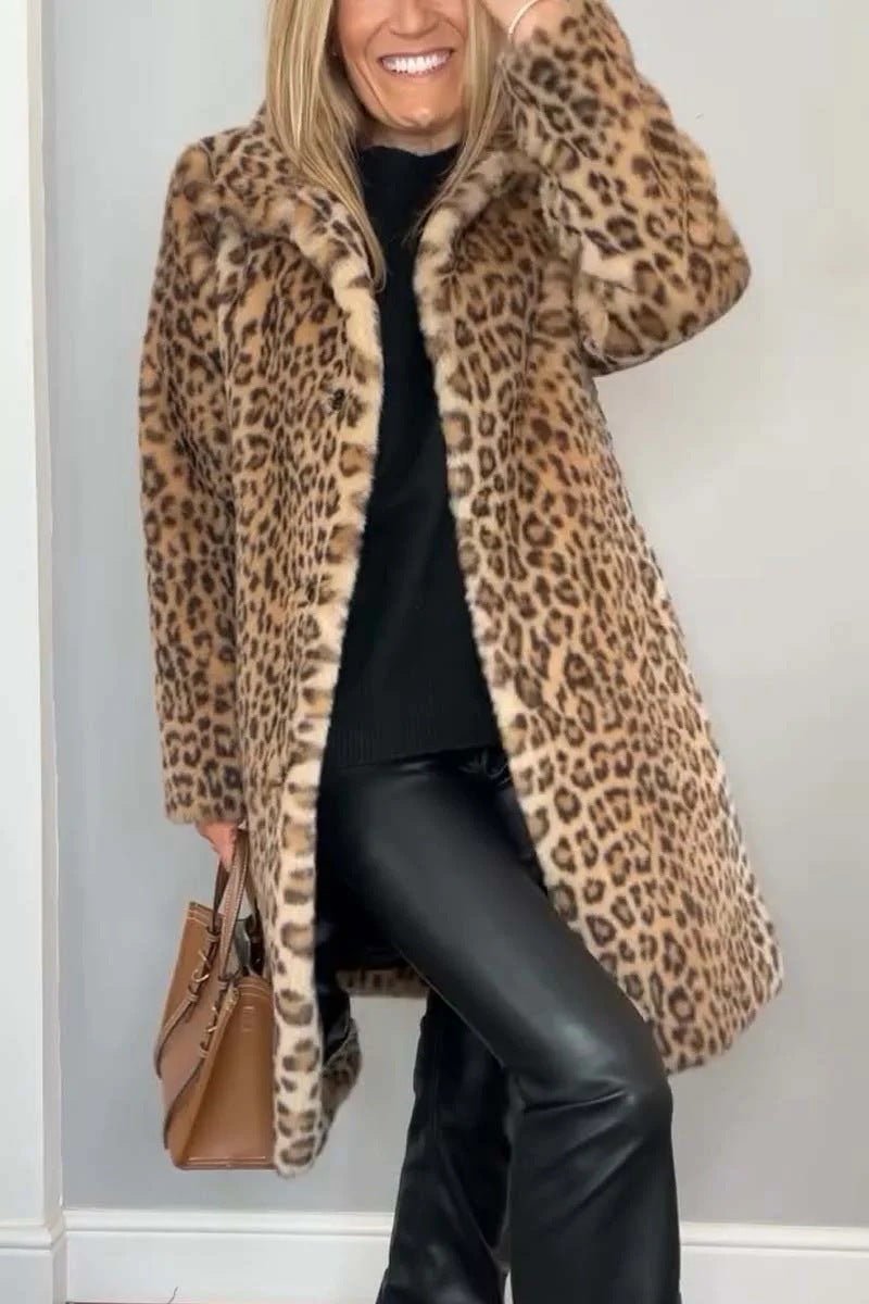 Women’s Coat – Faux Fur – Oversized Fit – Leopard Print – Notched Collar – Casual Style