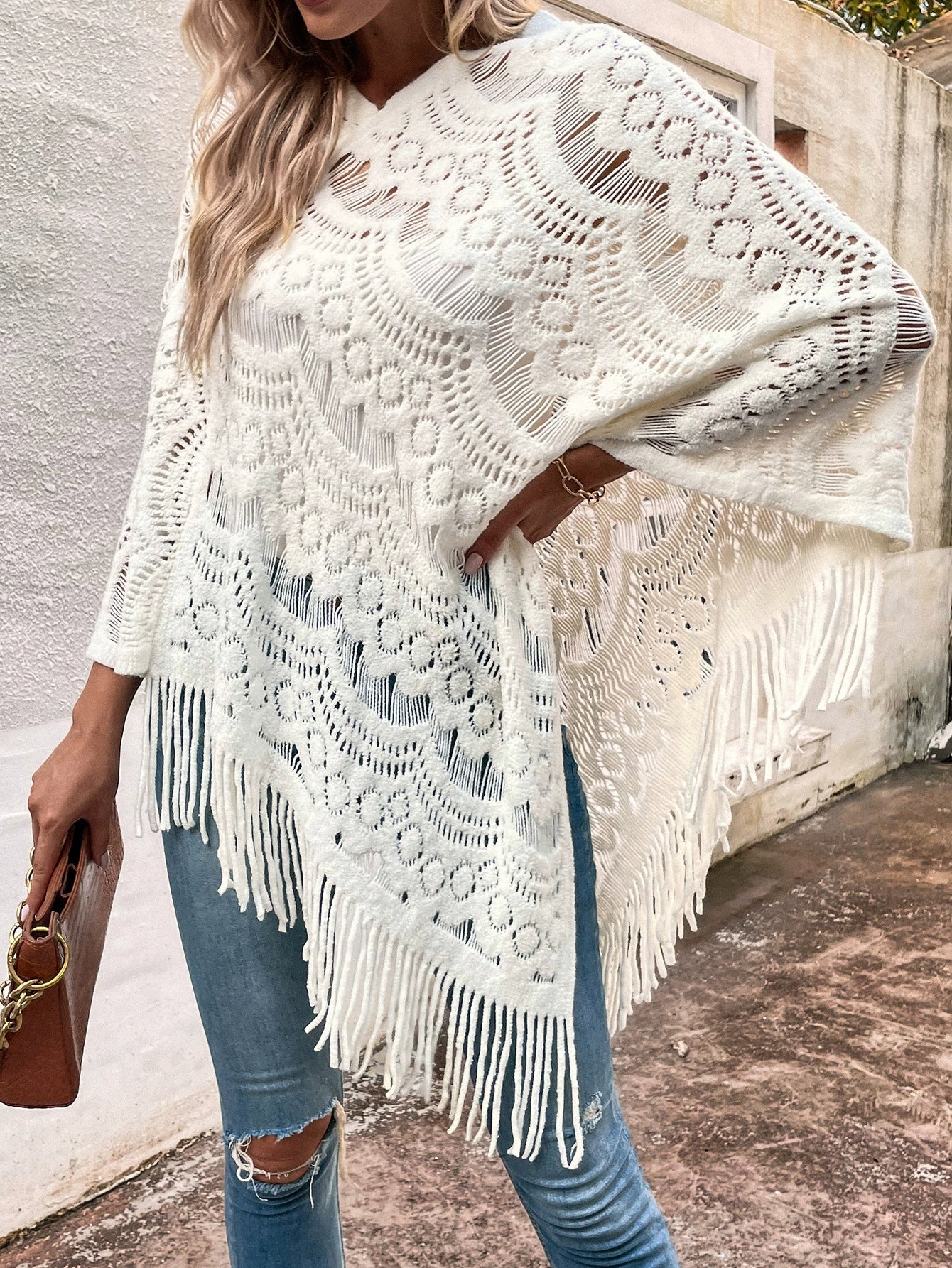Women’s Shawl – Lace Knit – Oversized Fit – Irregular Hem with Tassels – Semi-Sheer