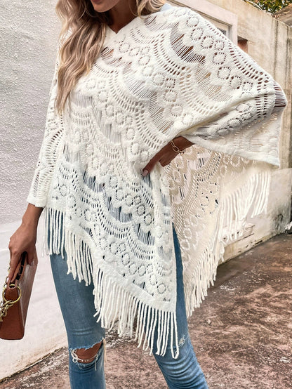 Women’s Shawl – Lace Knit – Oversized Fit – Irregular Hem with Tassels – Semi-Sheer