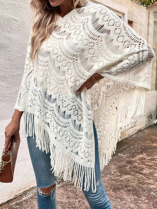 Women’s Shawl – Lace Knit – Oversized Fit – Irregular Hem with Tassels – Semi-Sheer