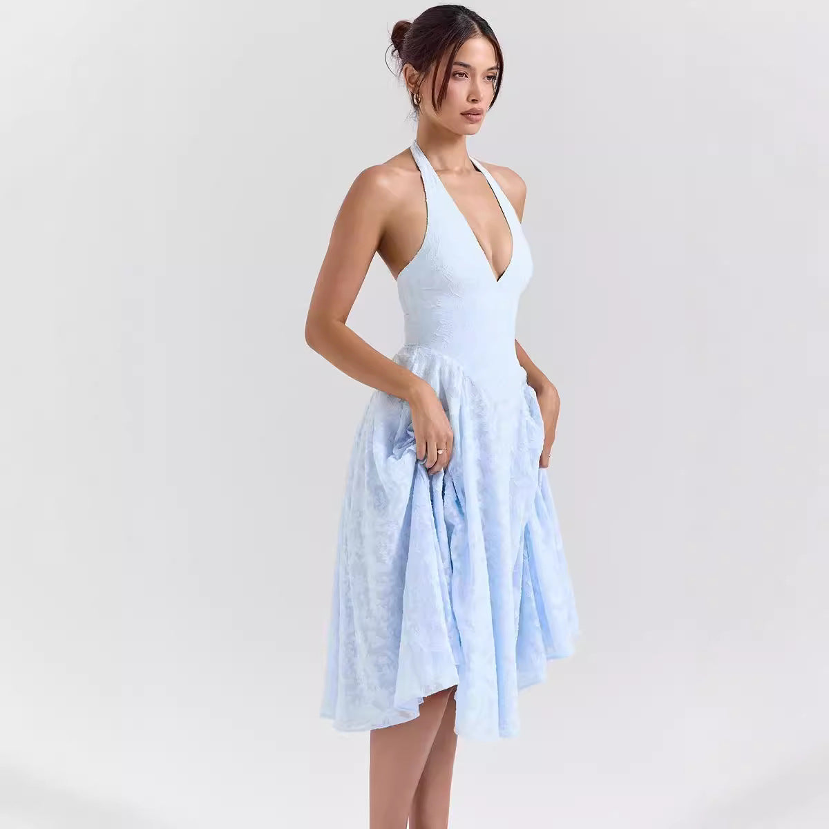 Women’s Halter Dress – Satin-Like Fabric – Slim Fit – A-Line Midi – Deep V-Neck