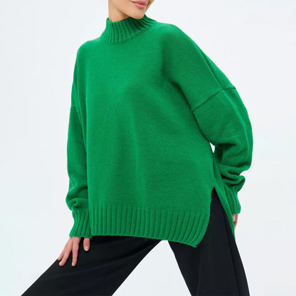 Women’s Pullover Sweater – Soft Ribbed Knit – Oversized Fit – Semi-High Neck – Casual