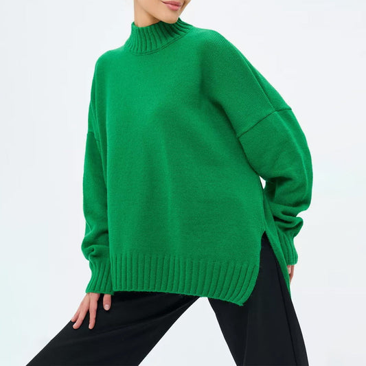 Women’s Pullover Sweater – Soft Ribbed Knit – Oversized Fit – Semi-High Neck – Casual