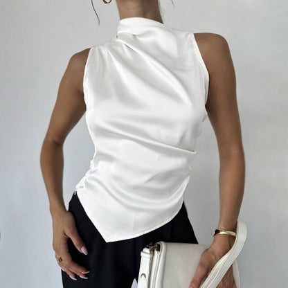 Women’s Sleeveless Blouse – Slim Fit – High Neck – Draped Front – Luxury Fabric
