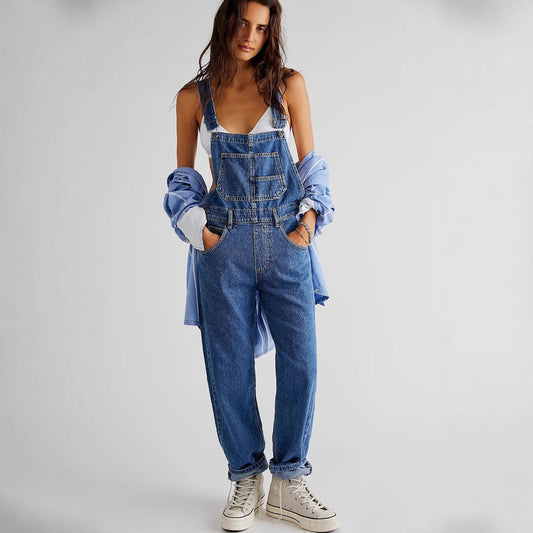 Women’s Denim Overalls – Loose Fit – Wide Leg – Adjustable Straps – Patch Pockets