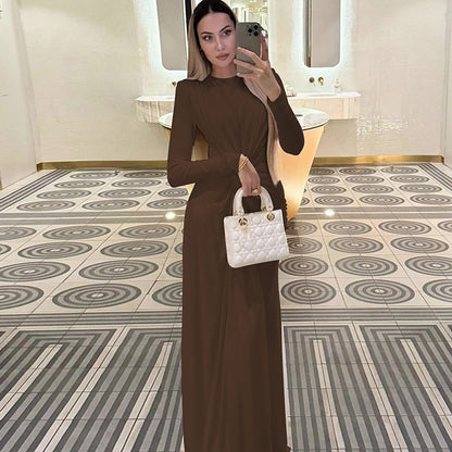 Women’s Evening Dress – Satin Slim Fit – Long Sleeve – Draped Waist – Full Length