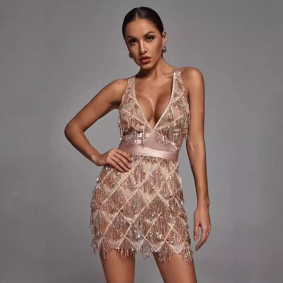 Women’s Midi Dress – Fitted Silhouette – Plunging V-Neck – Sequin Tassel Detail