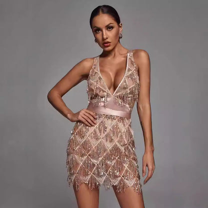 Women’s Midi Dress – Fitted Silhouette – Plunging V-Neck – Sequin Tassel Detail