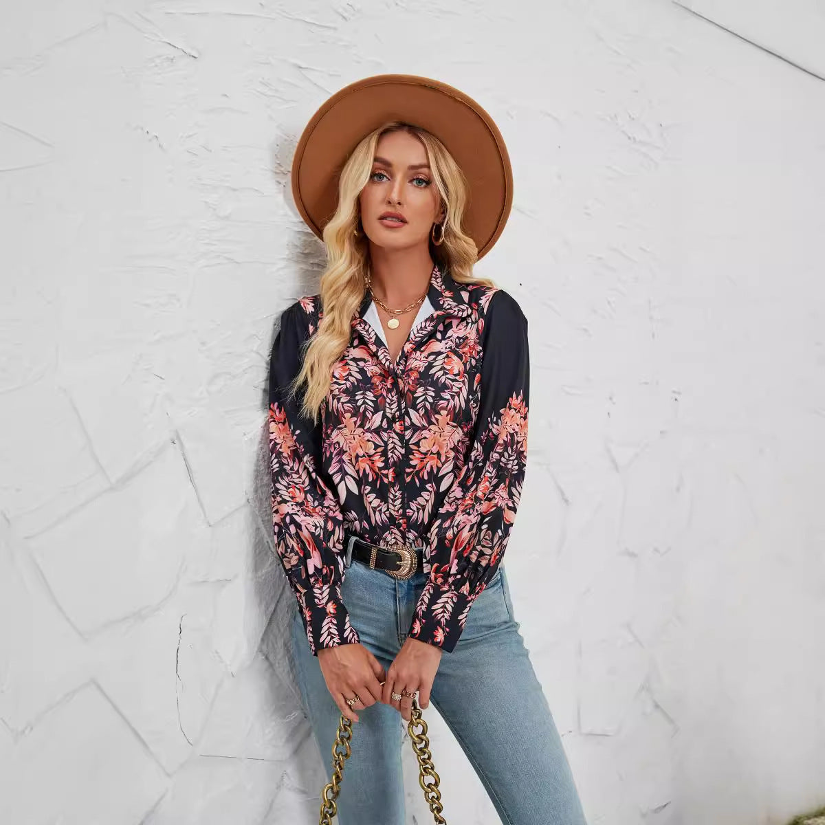 Women’s Blouse – Relaxed Fit – Button Down – Stand Collar – Floral Print – Long Sleeve