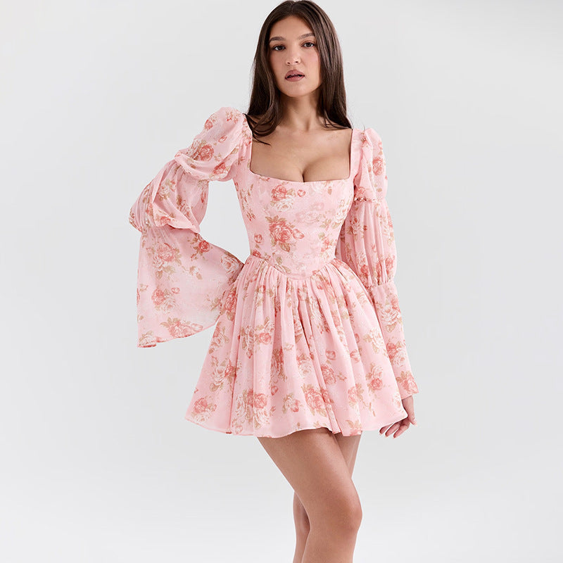 Women’s Mini Dress – Floral Print – A-Line Fit – Puffed Sleeves – Square Neckline