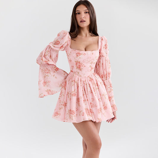Women’s Mini Dress – Floral Print – A-Line Fit – Puffed Sleeves – Square Neckline