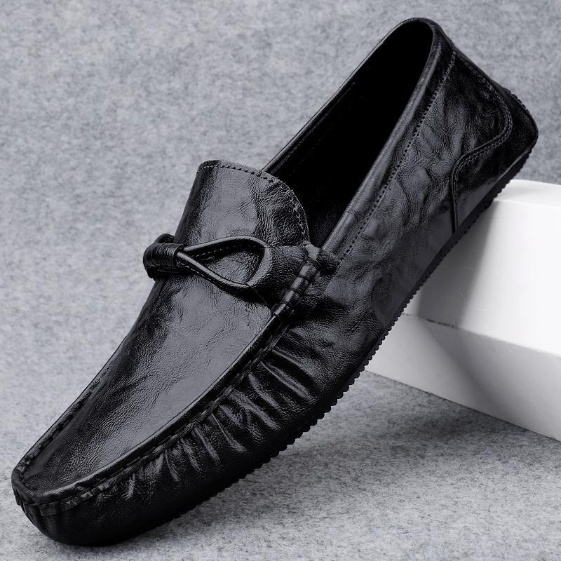 Men’s Loafers – Leather Slip-On – Decorative Tie – Printed Detailing – Casual Fit