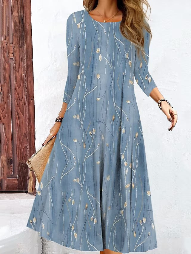 Women’s Midi Dress – Floral Pattern – Cotton – Relaxed Fit – 3/4 Sleeve