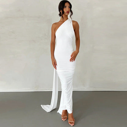 Women’s Sleeveless Dress – Slim Fit – One Shoulder – Ruched Full-Length Formal Wear