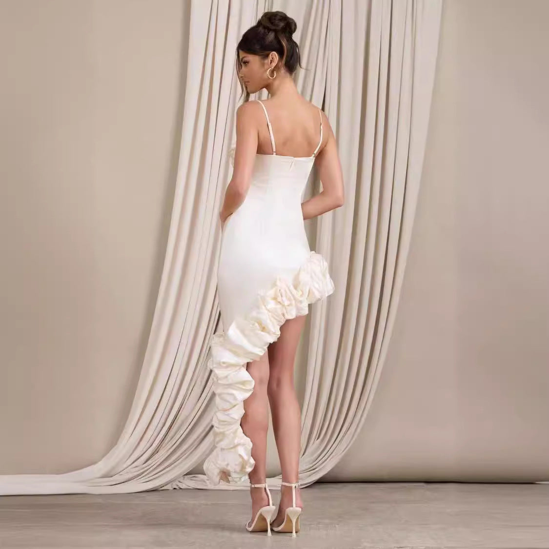 Women’s Evening Gown – Satin – Fitted Ruched – Spaghetti Straps – Asymmetric Hem