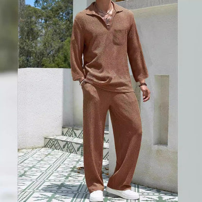 Men’s Lounge Set – Relaxed Fit – Textured Soft Fabric – Long Sleeve Shirt & Pants
