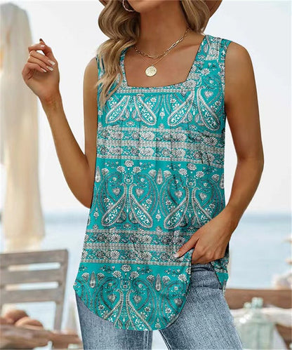 Women’s Sleeveless Vest – Square Neck – Floral Print – Relaxed Fit – Breathable Blend