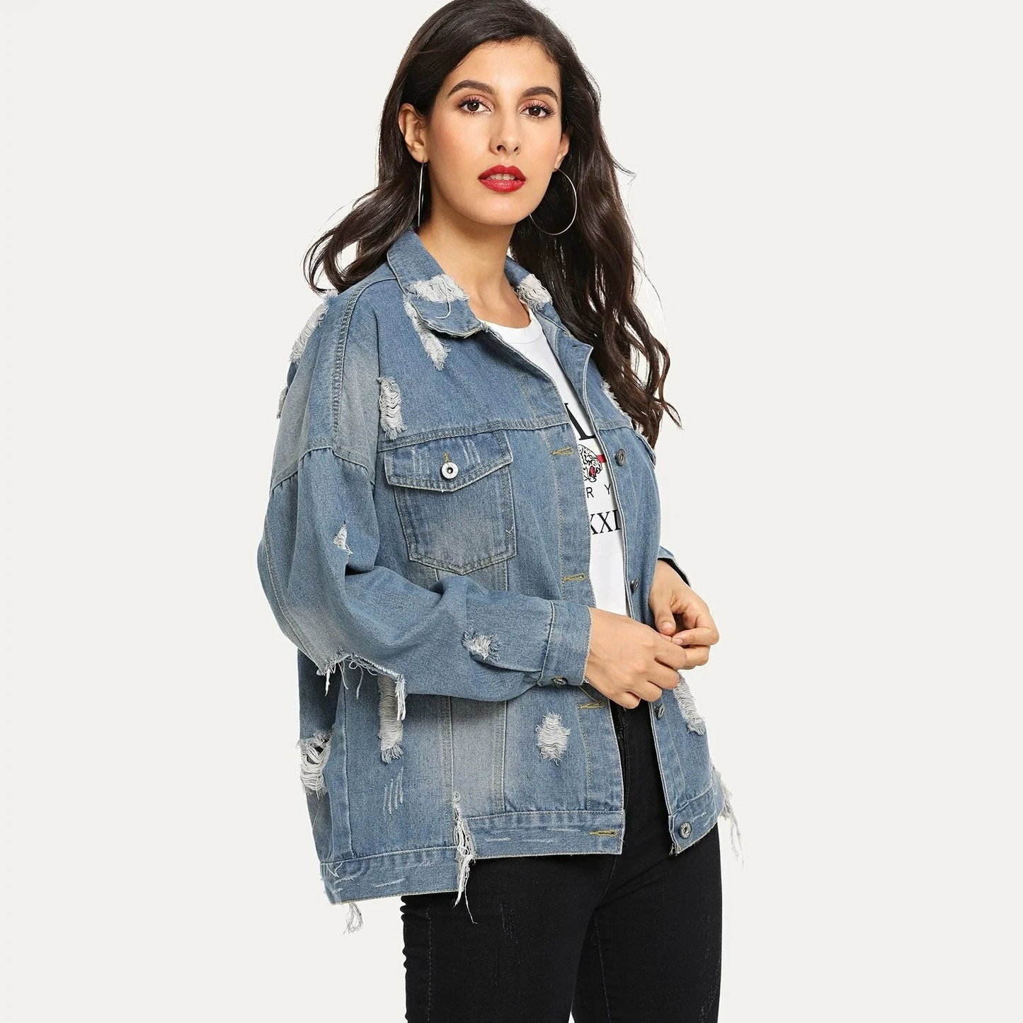 Women’s Denim Jacket – Loose Fit – Distressed Design – Button Front – Hip Length