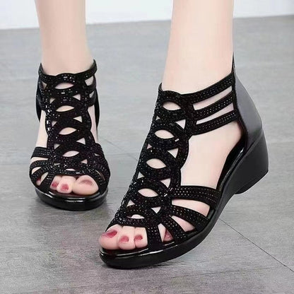Women’s Sandals – Medium Heel – Soft Feel – Cut-Out Detailing – Open Toe – Elegant Casual