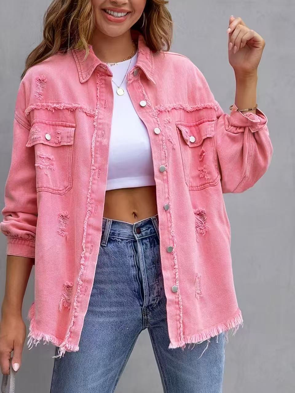 Women’s Denim Jacket – Oversized Fit – Distressed Frayed – Mid Length Casual Layer