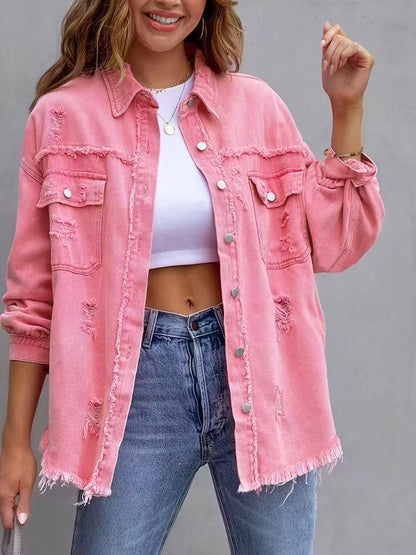 Women’s Denim Jacket – Oversized Fit – Distressed Frayed – Mid Length Casual Layer