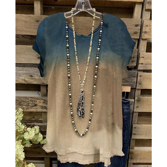 Women’s T-Shirt – Relaxed Fit – Gradient Design – Soft Knit – Distressed Hem – Casual Wear