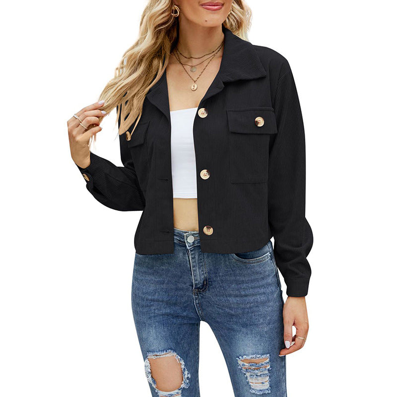 Women’s Corduroy Jacket - Cropped Relaxed Fit - Button-Up - Chest Flap Pockets