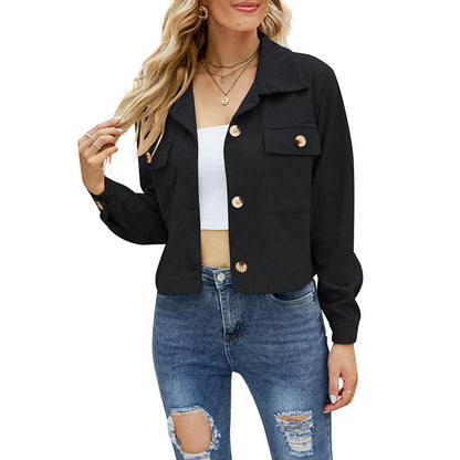 Women’s Corduroy Jacket - Cropped Relaxed Fit - Button-Up - Chest Flap Pockets