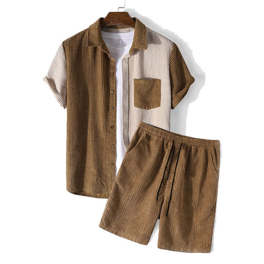 Men’s Two-Piece Set – Waffle Texture – Relaxed Fit – Button-Up Shirt and Shorts