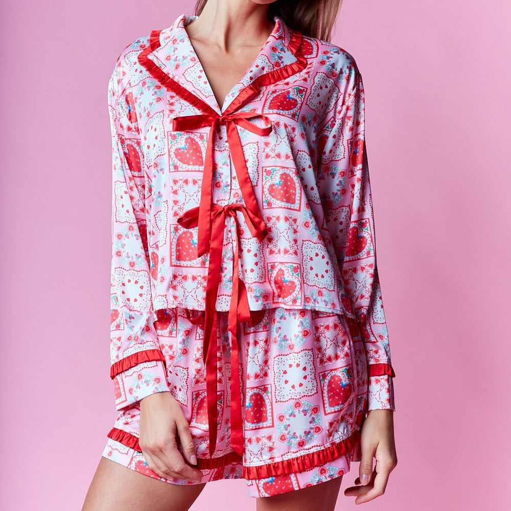 Women’s Pajama Set – Satin Feel – Relaxed Fit – Bow Neck Top – Ruffle Trim Shorts