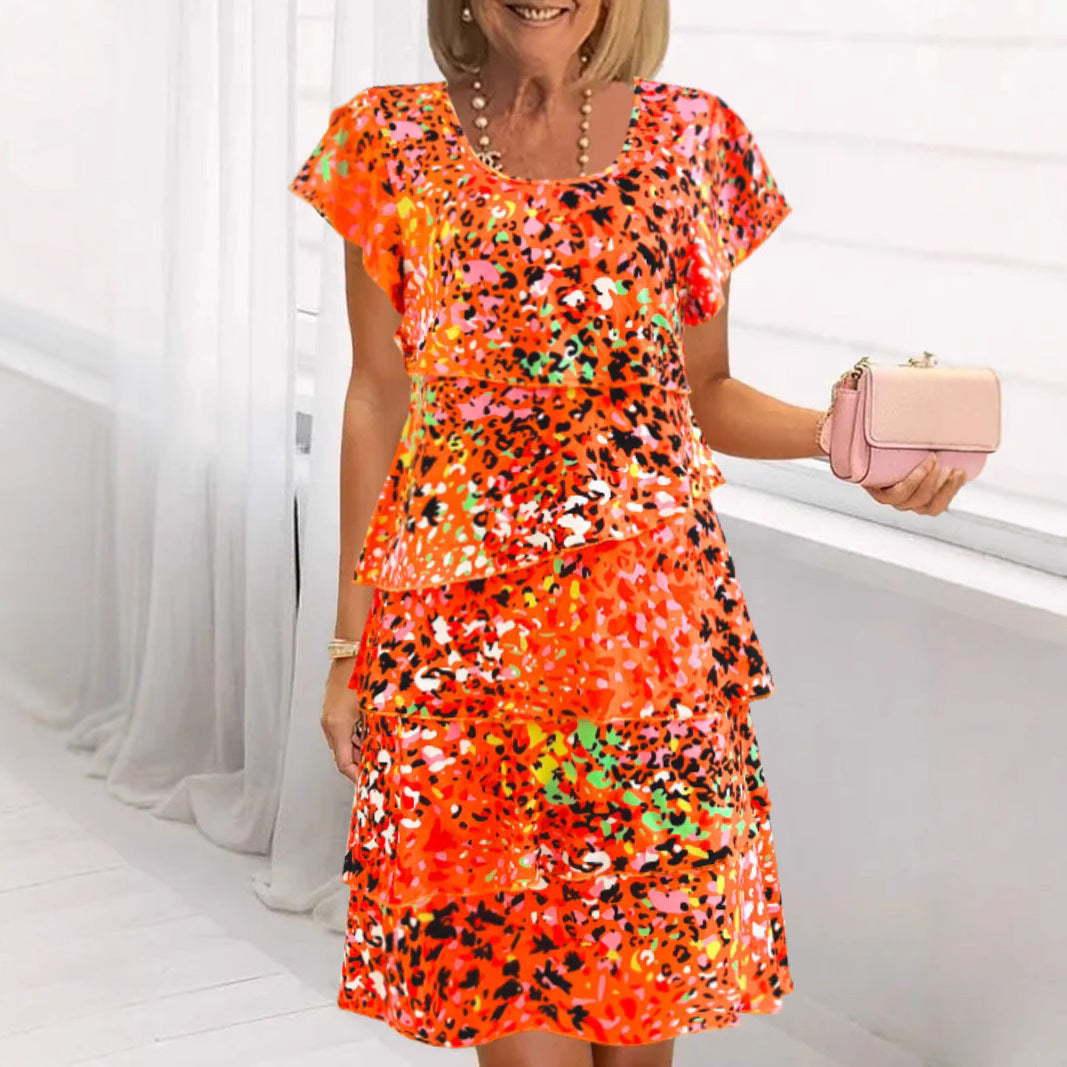 Women’s Midi Dress – Tiered Silhouette – Cotton – Flutter Sleeves – Floral Print