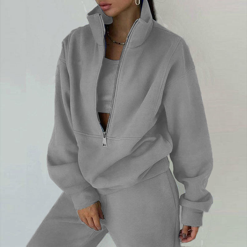 Women’s Tracksuit Set – Relaxed Fit – Half-Zip Pullover – Crop Layer – Full-Length Pants