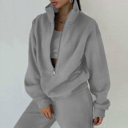Women’s Tracksuit Set – Relaxed Fit – Half-Zip Pullover – Crop Layer – Full-Length Pants