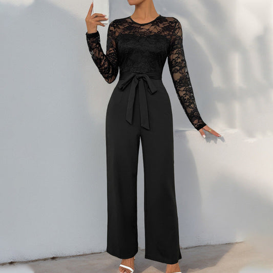 Women’s Jumpsuit – Lace Bodice – Sheer Long Sleeve – Wide Leg – Waist Tie Elegant Fit