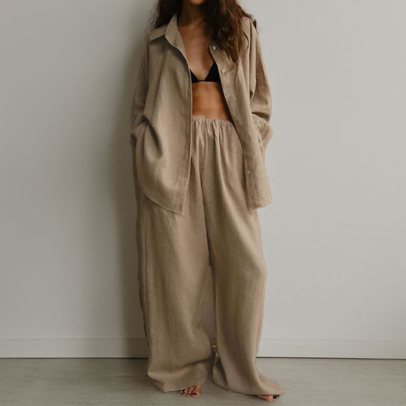 Women’s Two-Piece Set – Oversized Shirt with Knot – Wide Leg Pants – Cotton Blend
