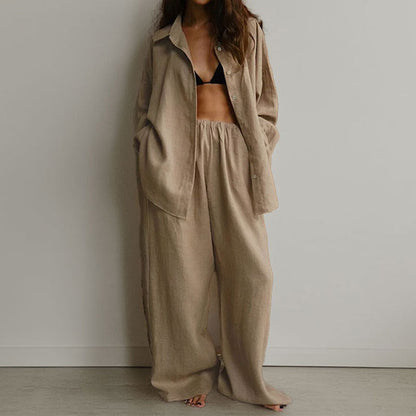 Women’s Two-Piece Set – Oversized Shirt with Knot – Wide Leg Pants – Cotton Blend